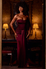 Satin Peekaboo Bandeau Draped Gown in Wine Red