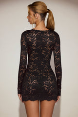 Sheer Scalloped-Lace Long-Sleeve Mini Dress in Black