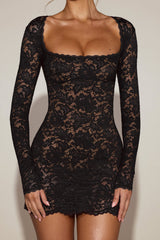 Sheer Scalloped-Lace Long-Sleeve Mini Dress in Black