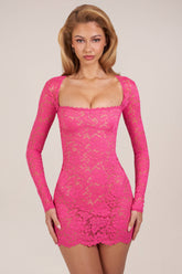 Sheer Scalloped-Lace Long-Sleeve Mini Dress in Hot Pink