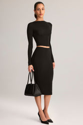 Modal Mid-Rise Pencil Midi Skirt in Black