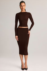Modal Mid-Rise Pencil Midi Skirt in Chocolate Brown