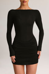 Modal Boat-Neck Draped Long-Sleeve Mini Dress in Black
