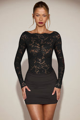 Sheer Lace Boat-Neck Mini Dress in Black