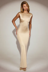 Satin Boat-Neck Twist-Back Maxi Dress in Champagne