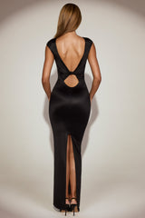 Satin Boat-Neck Twist-Back Maxi Dress in Black