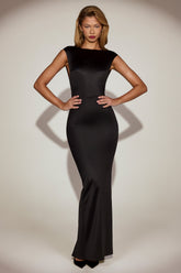 Satin Boat-Neck Twist-Back Maxi Dress in Black