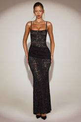 Sheer Lace Square-Neck Ruched Gown in Black