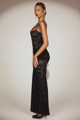 Sheer Lace Square-Neck Ruched Gown in Black
