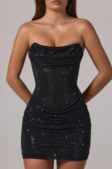Embellished Bandeau Cowl-Waist Mini Dress in Black