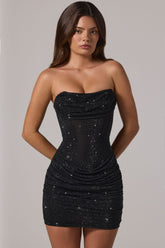Embellished Bandeau Cowl-Waist Mini Dress in Black