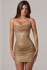 Embellished Bandeau Cowl-Waist Mini Dress in Gold