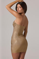 Embellished Bandeau Cowl-Waist Mini Dress in Gold