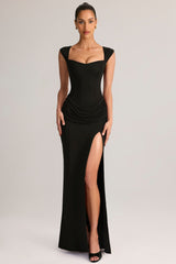 Modal Sweetheart-Neck Cowl-Waist Maxi Dress in Black