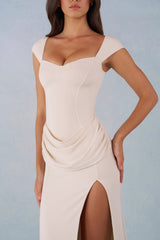 Modal Sweetheart-Neck Cowl-Waist Maxi Dress in Ivory