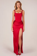 Corseted Thigh-High Split Maxi Dress in Rose Red