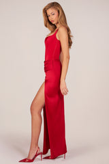 Corseted Thigh-High Split Maxi Dress in Rose Red