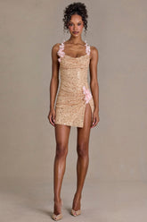 Premium Embellished Open-Back Mini Dress in Gold