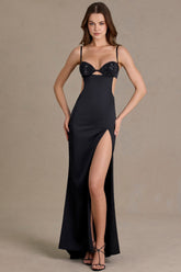 Premium Satin Embellished Bralette Gown in Black