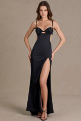 Premium Satin Embellished Bralette Gown in Black