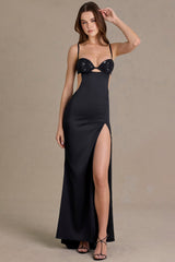 Premium Satin Embellished Bralette Gown in Black