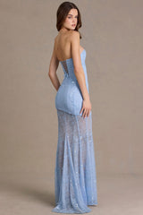 Premium Embellished Lace Corset Gown in Sky Blue