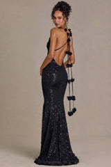 Premium Embellished Plunge Open-Back Gown in Black