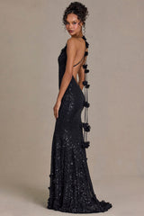 Premium Embellished Plunge Open-Back Gown in Black