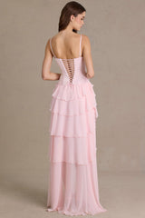 Premium Embellished Cowl-Neck Corset Gown in Baby Pink