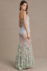 Premium Embellished Tulle Corset Gown in Sage Green