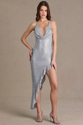 Premium Embellished Plunge Asymmetric Maxi Dress in Silver
