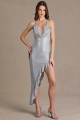 Premium Embellished Plunge Asymmetric Maxi Dress in Silver