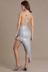 Premium Embellished Plunge Asymmetric Maxi Dress in Silver