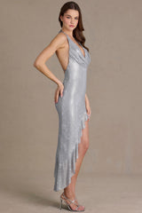 Premium Embellished Plunge Asymmetric Maxi Dress in Silver