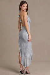 Premium Embellished Plunge Asymmetric Maxi Dress in Silver