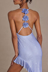 Premium Embellished Plunge Asymmetric Maxi Dress in Sky Blue