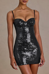 Premium Sequin Lace Corset Mini Dress in Black