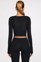 Ribbed Modal Long-Sleeve Laced Bra Top in Black