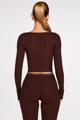 Ribbed Modal Long-Sleeve Laced Bra Top in Chocolate Brown