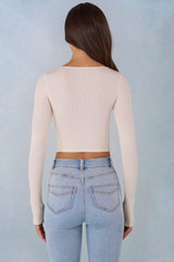 Ribbed Modal Long-Sleeve Laced Bra Top in Ivory