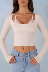 Ribbed Modal Long-Sleeve Laced Bra Top in Ivory