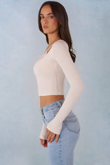 Ribbed Modal Long-Sleeve Laced Bra Top in Ivory