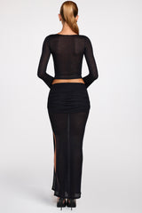 Sheer Jersey Low-Rise Draped Maxi Skirt in Black