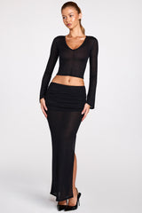 Sheer Jersey Low-Rise Draped Maxi Skirt in Black