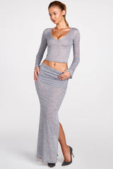 Sheer Jersey Low-Rise Draped Maxi Skirt in Grey