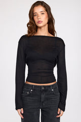 Sheer Jersey Long-Sleeve Backless Top in Black