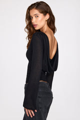 Sheer Jersey Long-Sleeve Backless Top in Black
