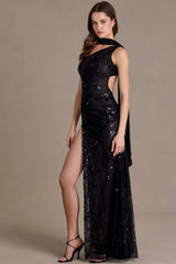 Premium Sequin Lace Scarf-Detail Maxi Dress in Black