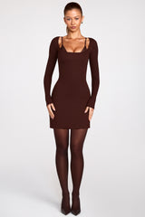 Ribbed Modal Long-Sleeve Laced Bra Mini Dress in Chocolate Brown