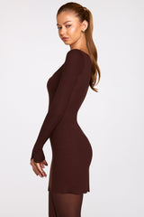 Ribbed Modal Long-Sleeve Laced Bra Mini Dress in Chocolate Brown